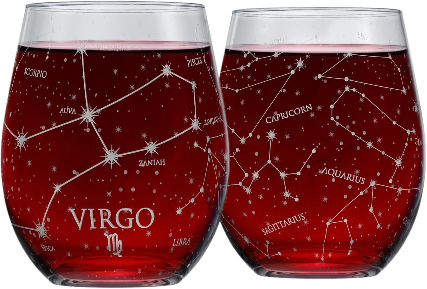 Libra Zodiac Hand-Etched Stemless Wine Glasses - Set of 2, 15 Oz