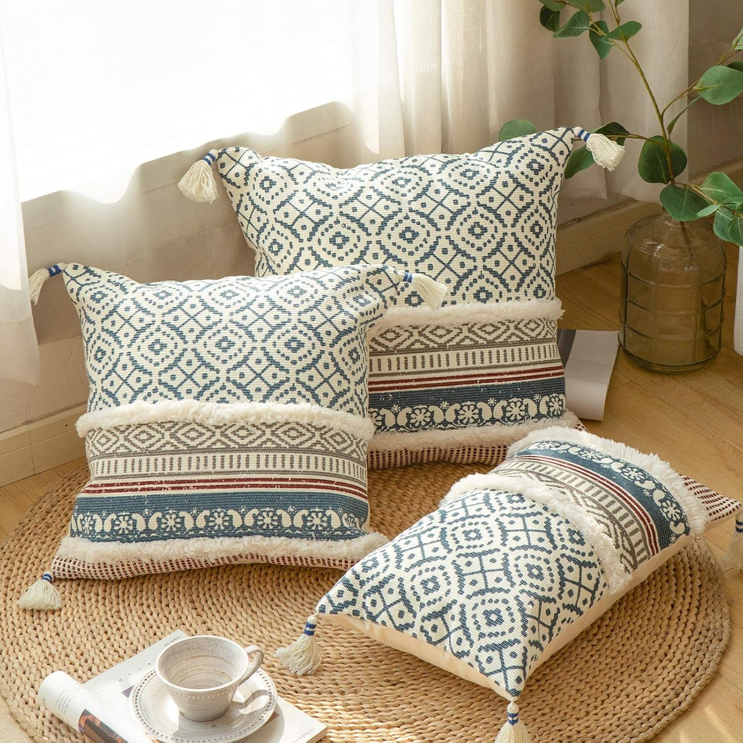 Bohemian Blue Lumbar Pillow Cover – Stylish Moroccan Design with Tassels, Perfect for Sofa, Bedroom, Living Room, and Car - 12 x 20 Inches