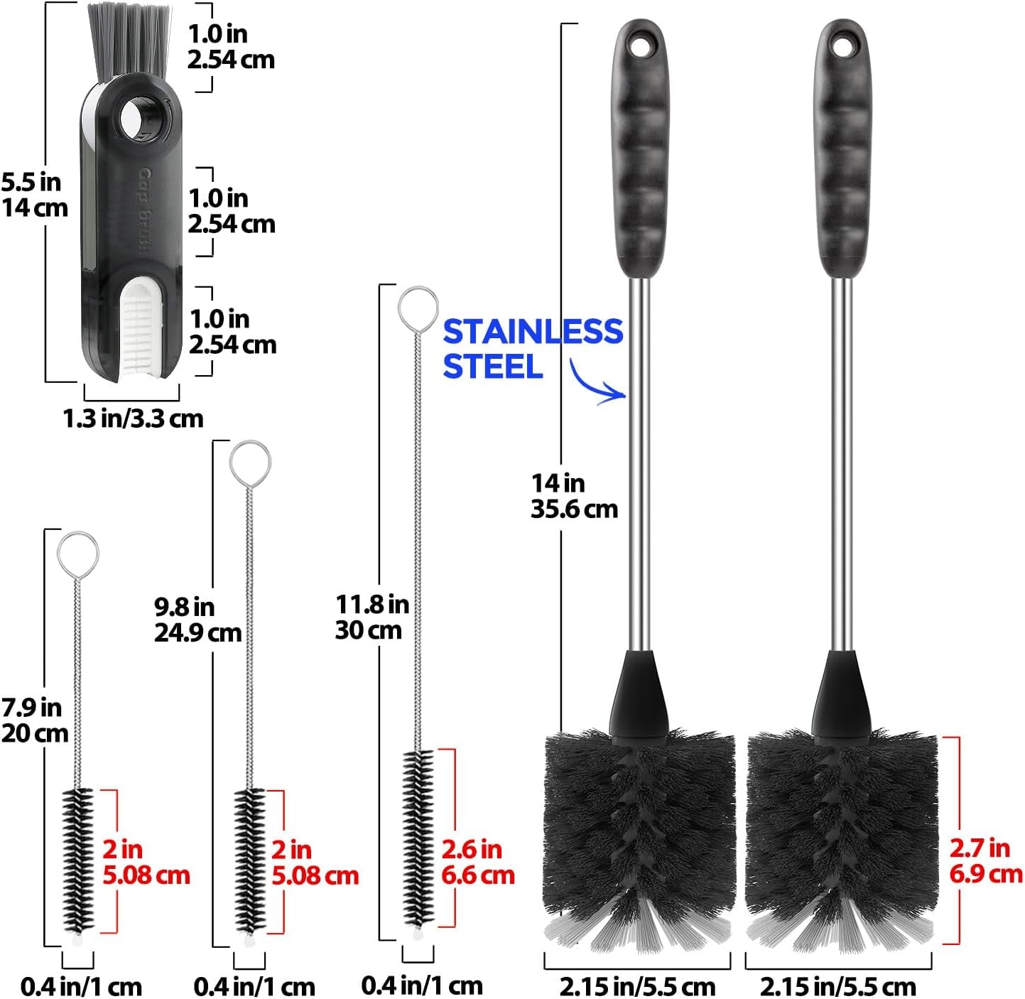 6-Pack Bottle Brush Set - 14" Long-Handle Stainless Steel Cleaner with 3 Straw Brushes and 3-in-1 Design for Water and Baby Bottles, Black