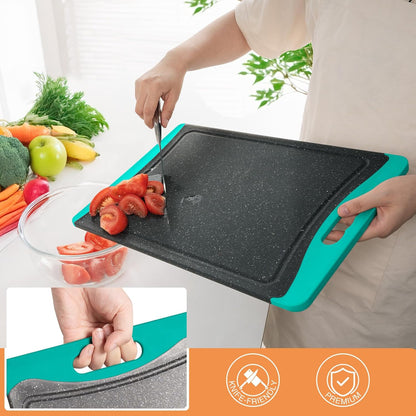 Extra Large Turquoise Plastic Cutting Board Set (3 Pieces) with Juice Grooves and Ergonomic Handles