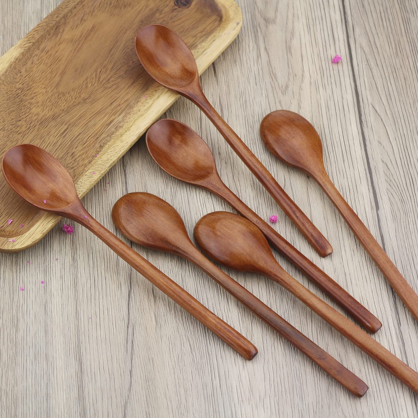 6-Piece Eco-Friendly Wooden Soup Spoon Set with 9-Inch Handles for Japanese Cuisine, Mixing, and Stirring