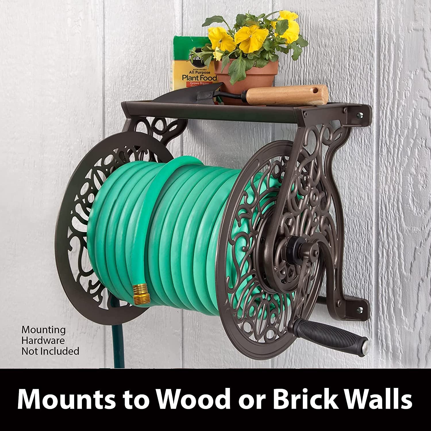 Bronze Wall-Mounted Garden Hose Reel - Accommodates 125 Feet of 5/8-Inch Hose, Crafted from Durable Cast Aluminum