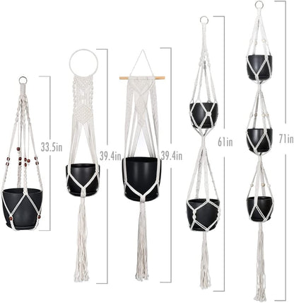 Set of 5 Beige Macrame Plant Hangers with Hooks for Versatile Indoor and Outdoor Use - 5-Tier Design