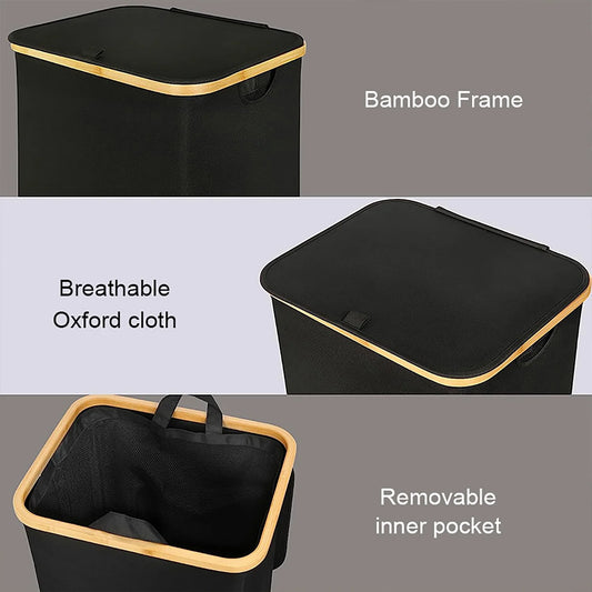 100L Large Laundry Hamper with Lid, Freestanding Collapsible Basket with Bamboo Handles and Inner Bag for Clothes and Toys - Black