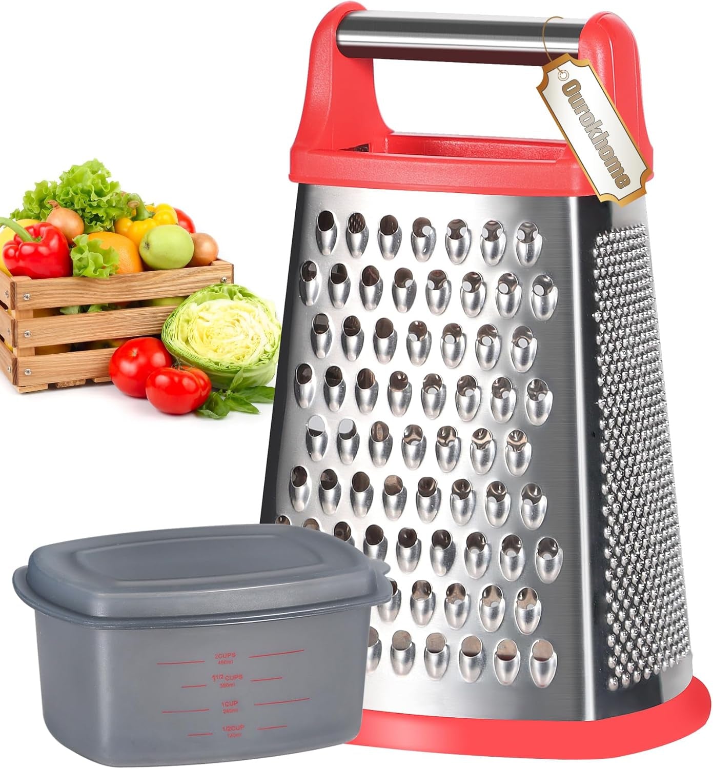 Professional Stainless Steel Box Grater with Handle - Versatile 4-Sided Shredder and Slicer with Container for Cheese, Vegetables, and More (Black)