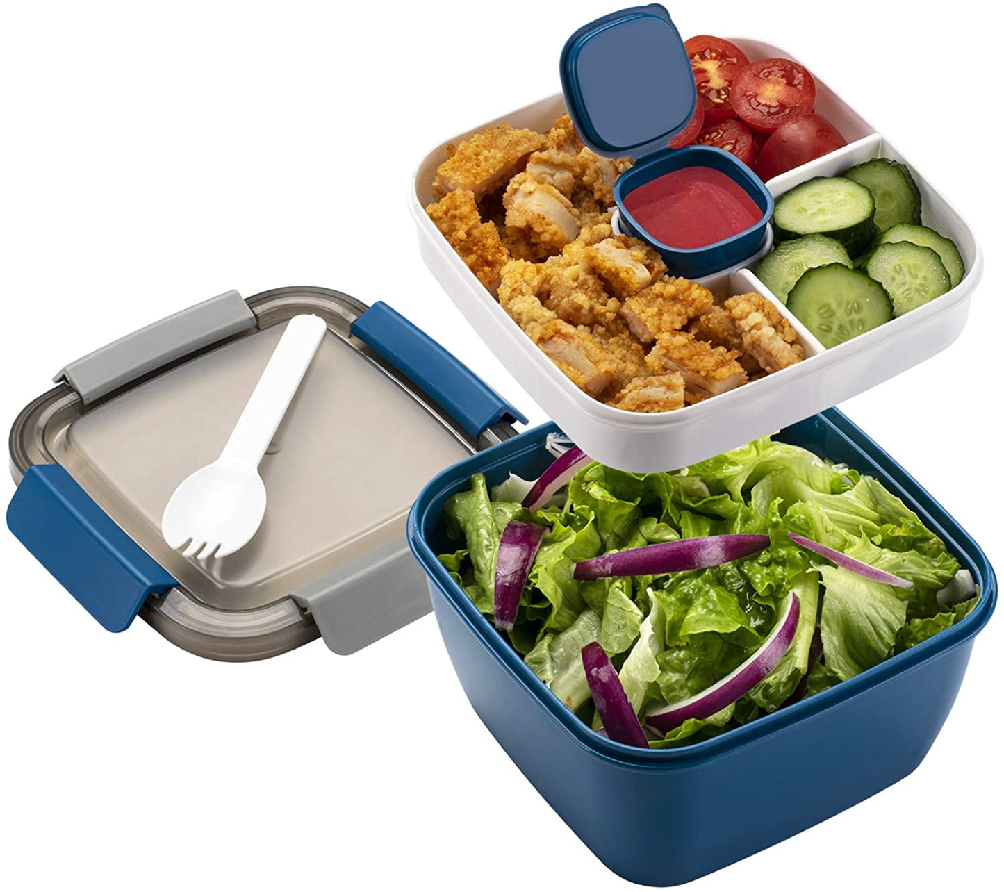 52-Oz Salad Lunch Container with Three Compartments and Dressing Container for On-the-Go Meals, Ideal for Men and Women (Blue)