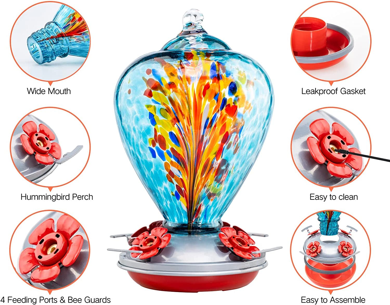 Blown Glass Hummingbird Feeder - 34 OZ Outdoor Art and Garden Décor Gift for Women