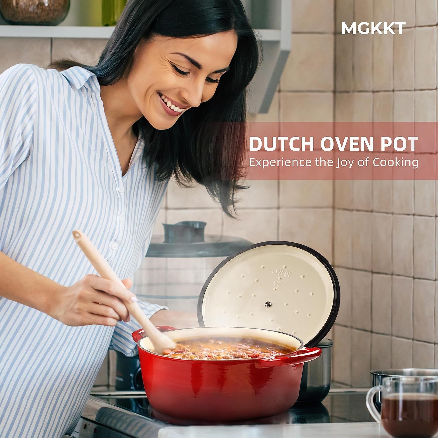 3QT Enamel-Coated Cast Iron Dutch Oven with Loop Handles and Lid in Red