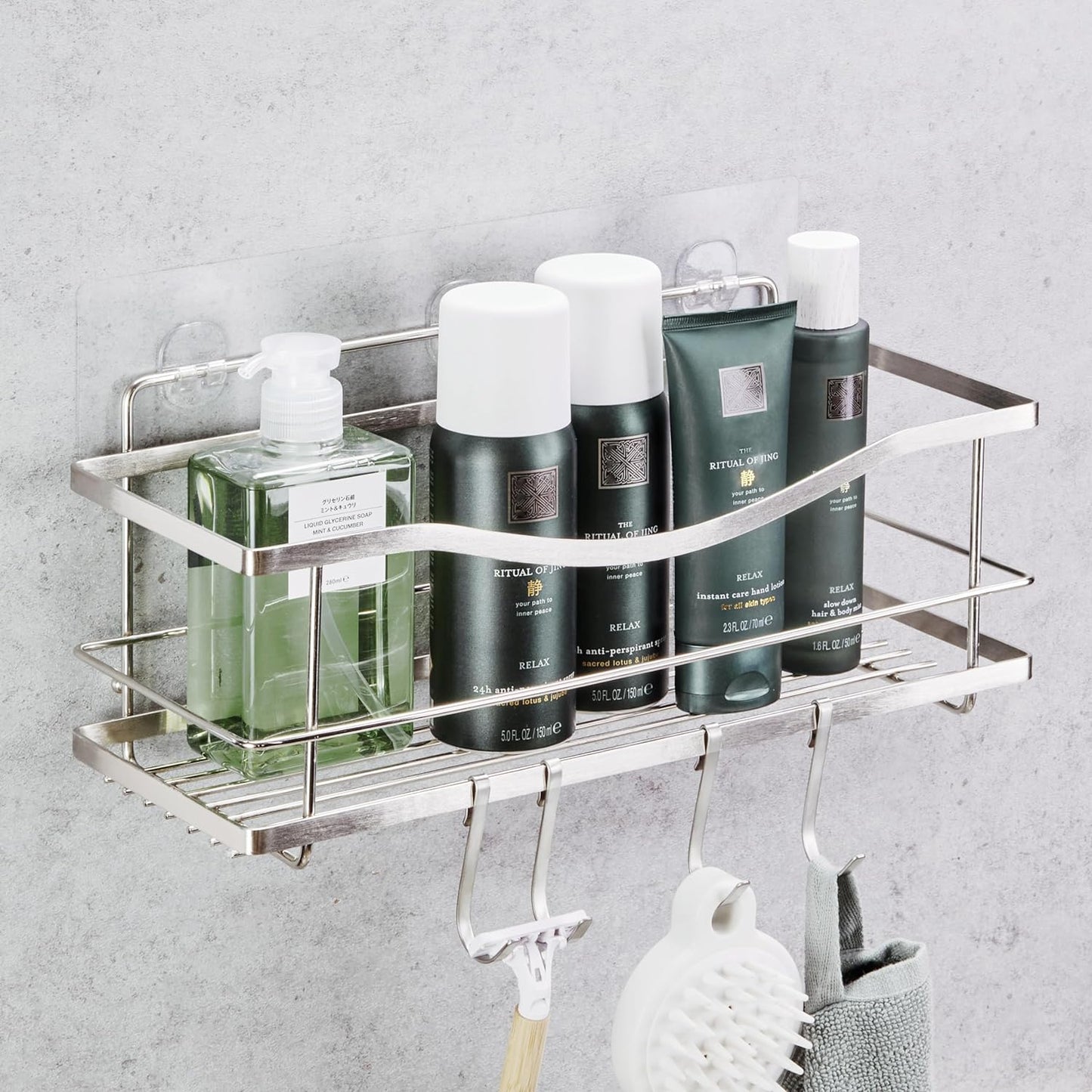 Premium Rustproof Stainless Steel Adhesive Shower Caddy with Four Hooks – No Drilling Required