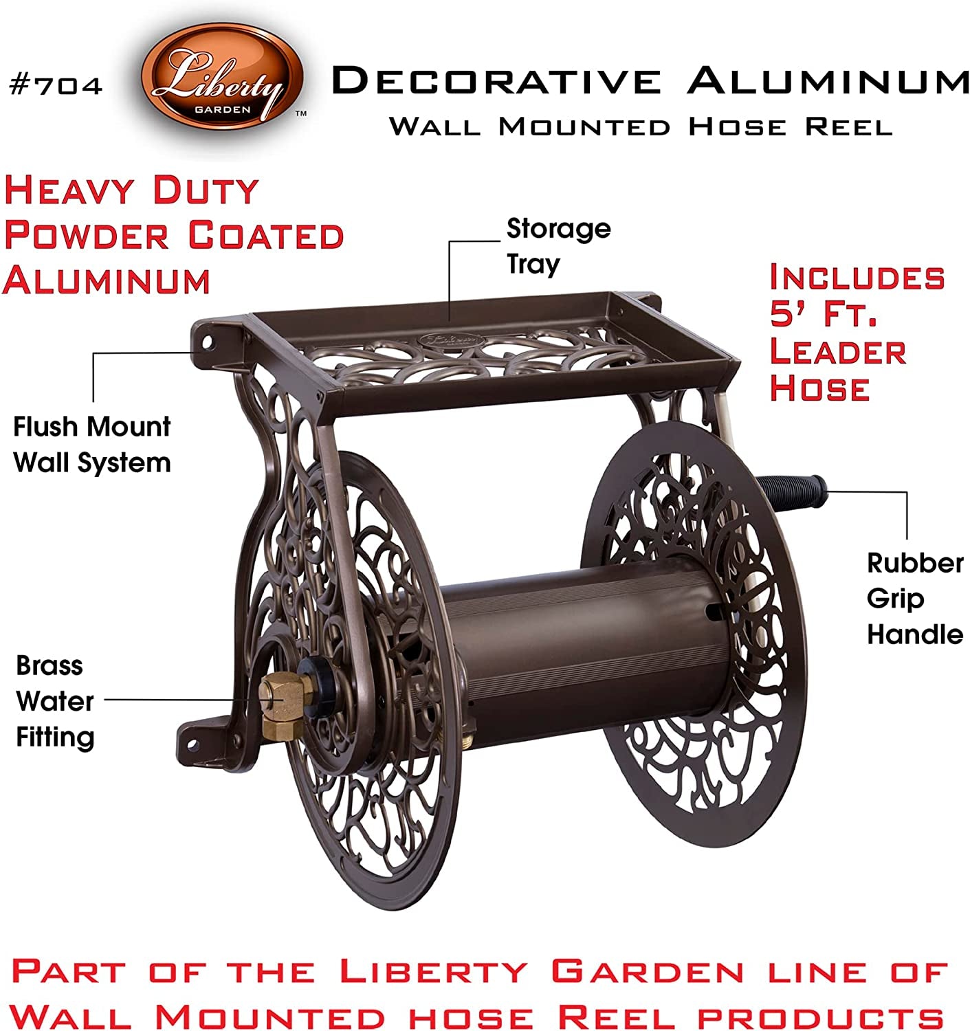 Bronze Wall-Mounted Garden Hose Reel - Accommodates 125 Feet of 5/8-Inch Hose, Crafted from Durable Cast Aluminum