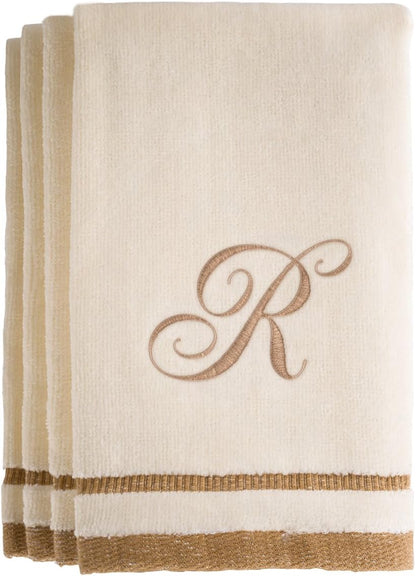 Custom Monogrammed Fingertip Towels Set of 4 - Luxurious Ivory with Golden Brown Embroidery - 100% Cotton, Extra Absorbent - Ideal for Bathroom or Kitchen - Initial H