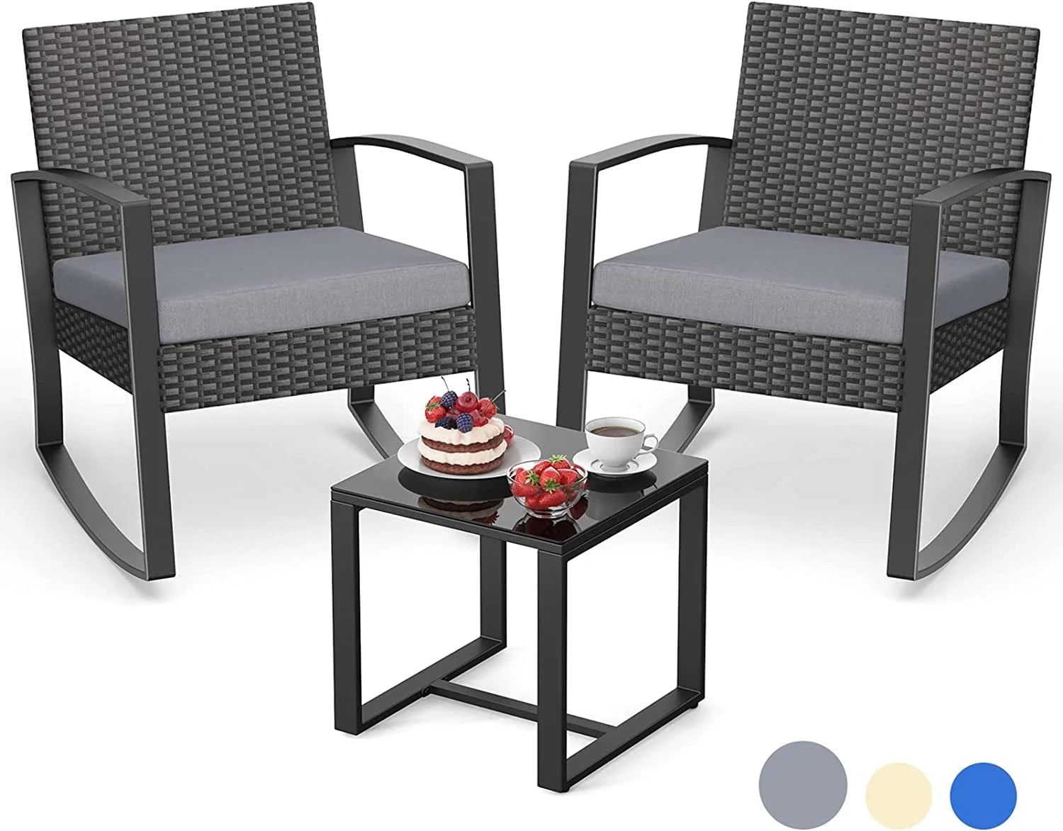 Contemporary 3-Piece Wicker Patio Chair Set with Coffee Table, Ideal for Balconies, Yards, and Gardens, Featuring Gray Cushions (Pillows Not Included)