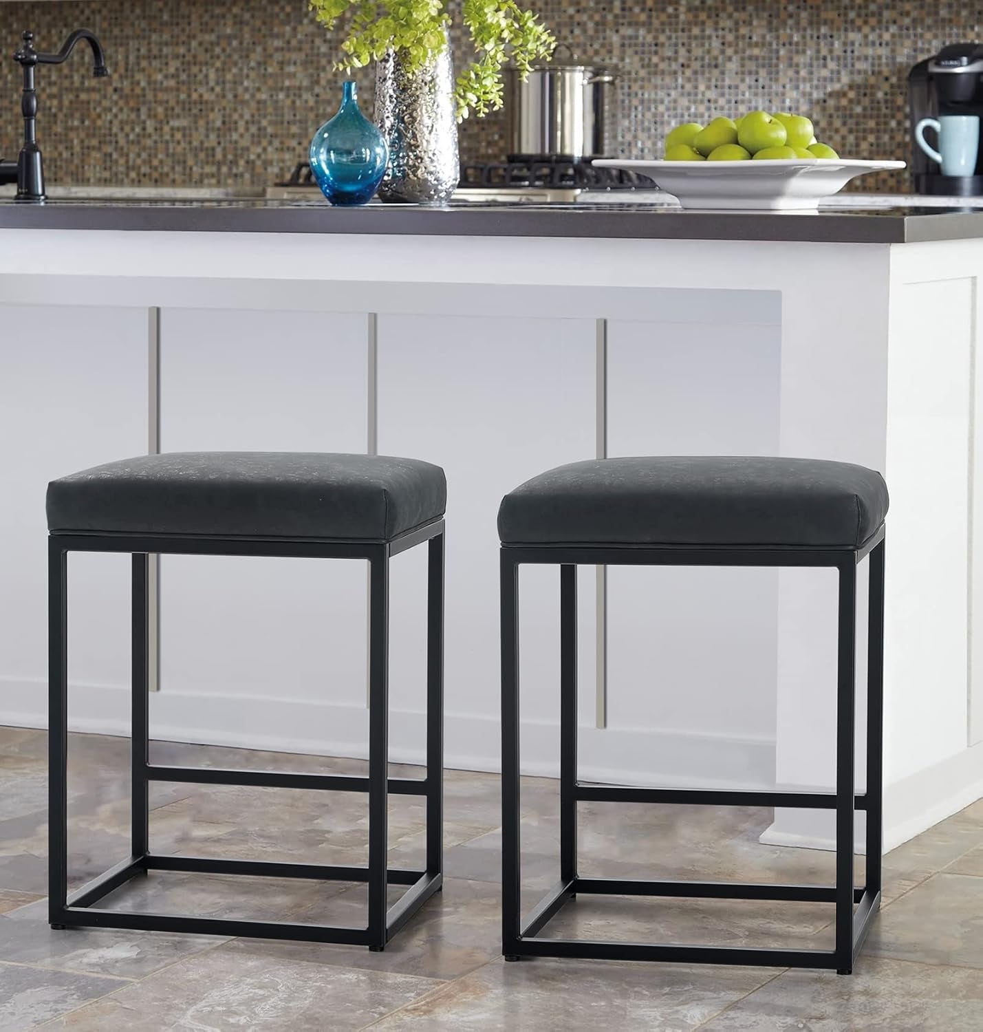 Set of 2 Contemporary 24" Backless Bar Stools in Brown Faux Leather - Ideal for Modern Kitchen Islands