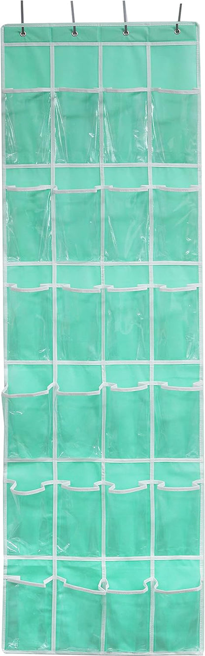 24-Pocket Over-the-Door Shoe Organizer in Crystal Clear with Turquoise Accents (64" x 19")