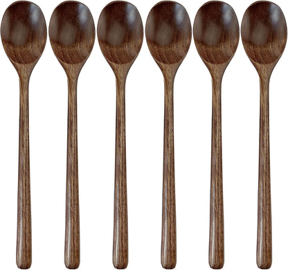 6-Piece Eco-Friendly Wooden Soup Spoon Set with 9-Inch Handles for Japanese Cuisine, Mixing, and Stirring