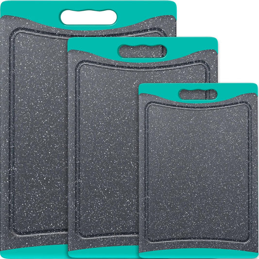 Extra Large Turquoise Plastic Cutting Board Set (3 Pieces) with Juice Grooves and Ergonomic Handles