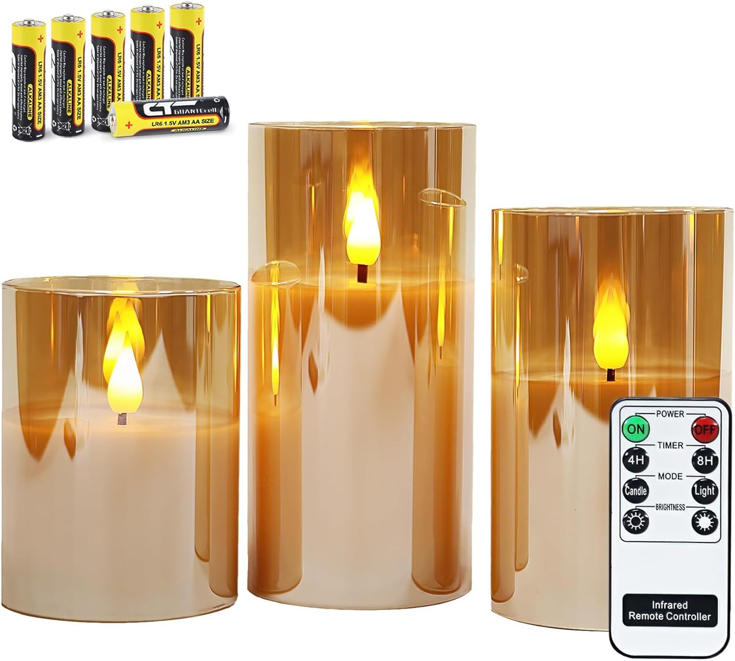 Battery-Operated LED Candles with Remote Control and Timer, Smoked Ribbed Glass Design, Warm White Light - Set of 3 with 6 Batteries Included for Home Decor