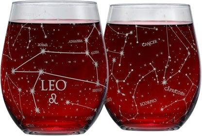 Libra Zodiac Hand-Etched Stemless Wine Glasses - Set of 2, 15 Oz