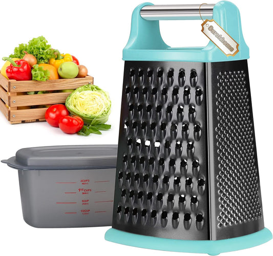 Professional Stainless Steel Box Grater with Handle - Versatile 4-Sided Shredder and Slicer with Container for Cheese, Vegetables, and More (Black)