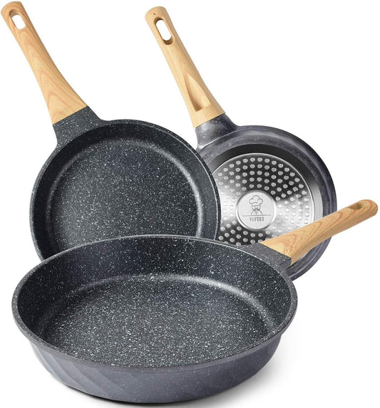 Granite Nonstick Induction Frying Pan Set - Ideal for Omelettes, Gift for Her (8", 9.5", & 11") with Heat-Resistant Handle