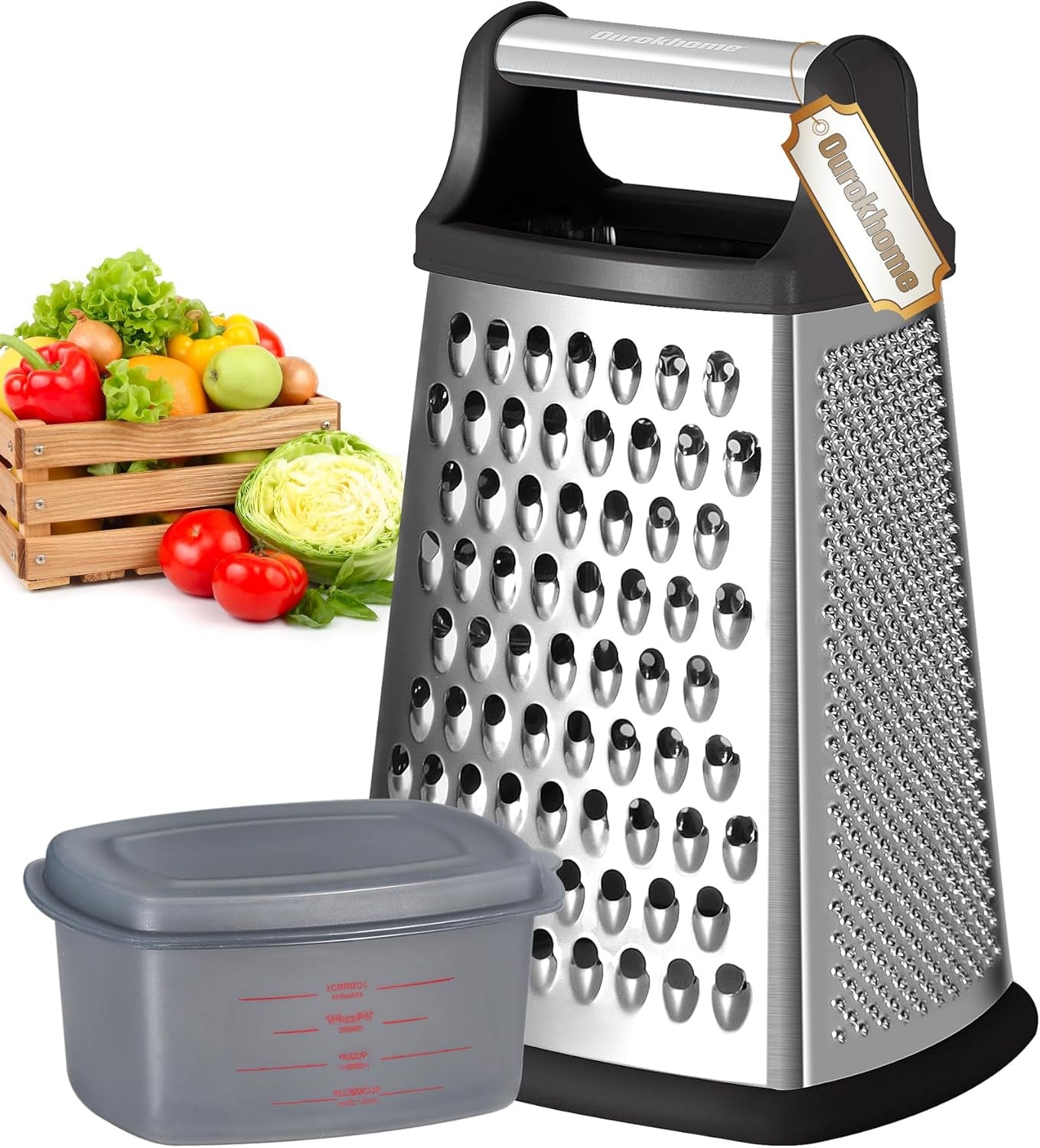 Professional Stainless Steel Box Grater with Handle - Versatile 4-Sided Shredder and Slicer with Container for Cheese, Vegetables, and More (Black)