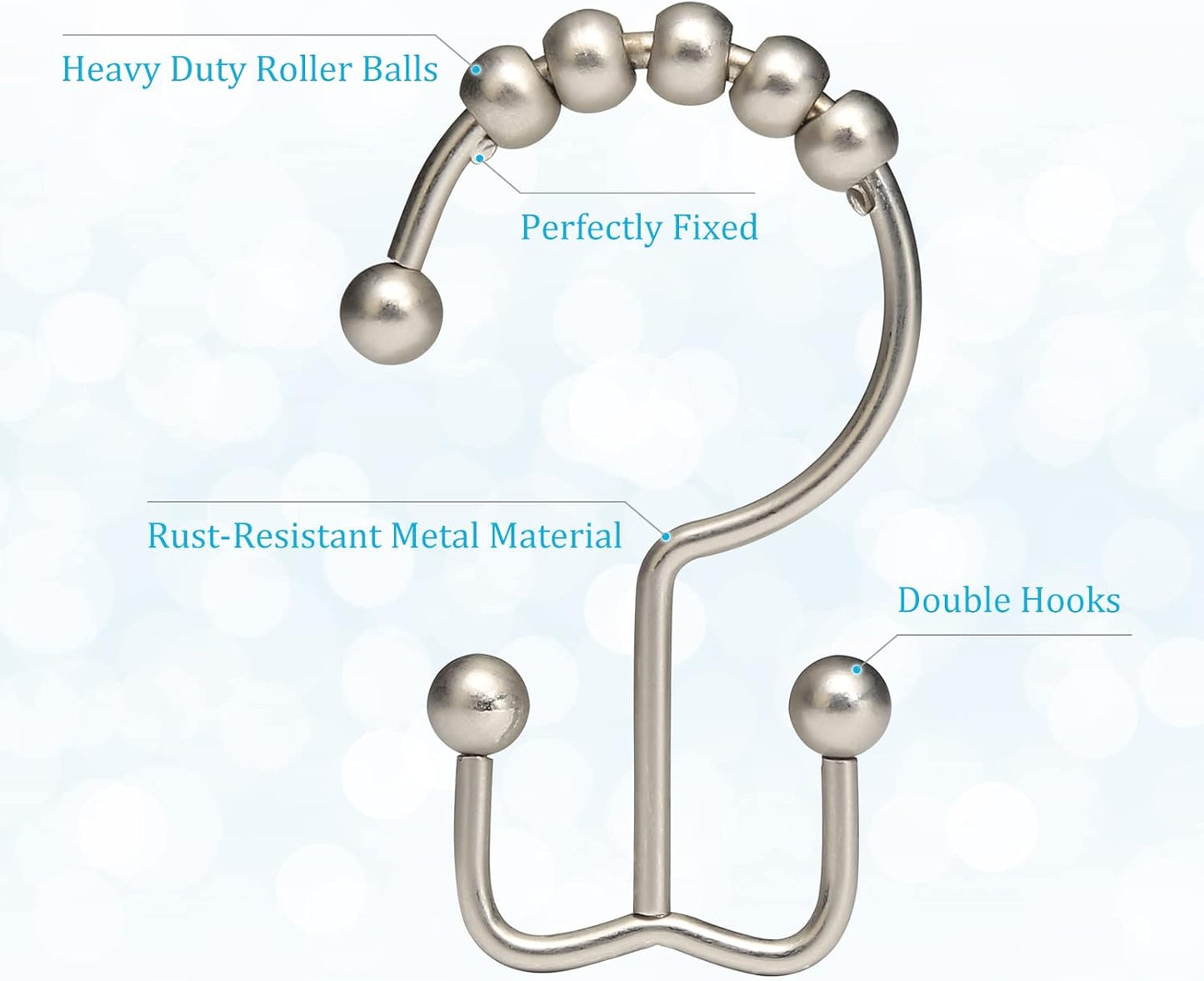 Rust-Resistant Metal Shower Curtain Hooks, Double Glide Design, Set of 12 in Matte Nickel, Ideal for Shower Curtains and Liners