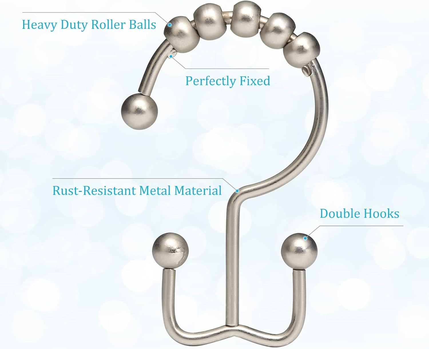 Rust-Resistant Metal Shower Curtain Hooks, Double Glide Design, Set of 12 in Matte Nickel, Ideal for Shower Curtains and Liners