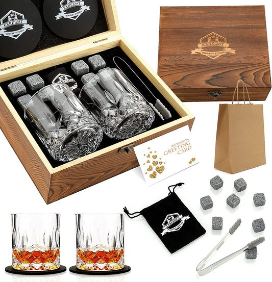 Whiskey Stones Gift Set - Premium Granite Chilling Rocks with Two Elegant Whiskey Glasses - Ideal Gift Box for Scotch and Bourbon Enthusiasts - Perfect for Christmas, Birthdays, and Special Occasions