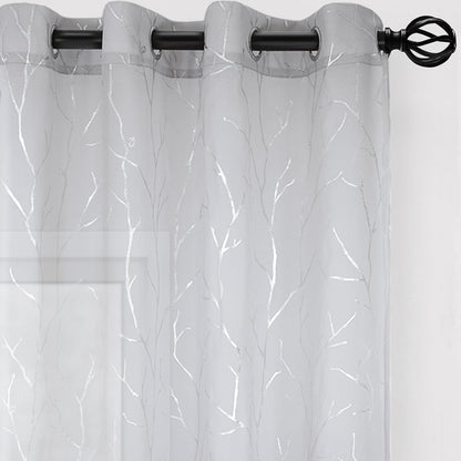 Elegant Light Grey Blackout Curtains with Silver Tree Branch Design, 63-Inch Length, Set of 2 Panels, Windproof, 38W x 63L