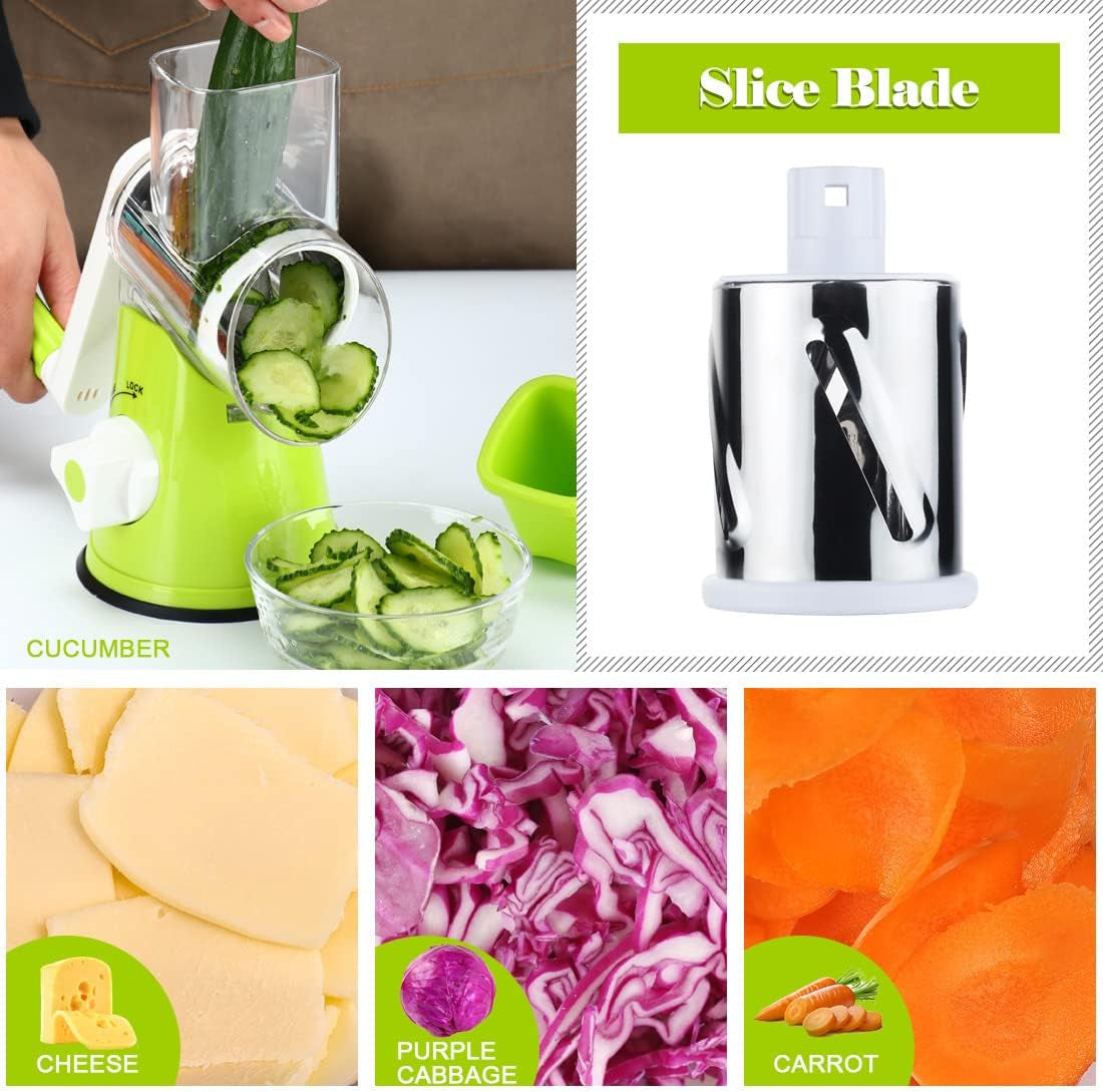 Hand Crank Rotary Cheese Grater and Kitchen Shredder with Three Drum Blades for Cheese, Vegetables, Nuts, and More - Green