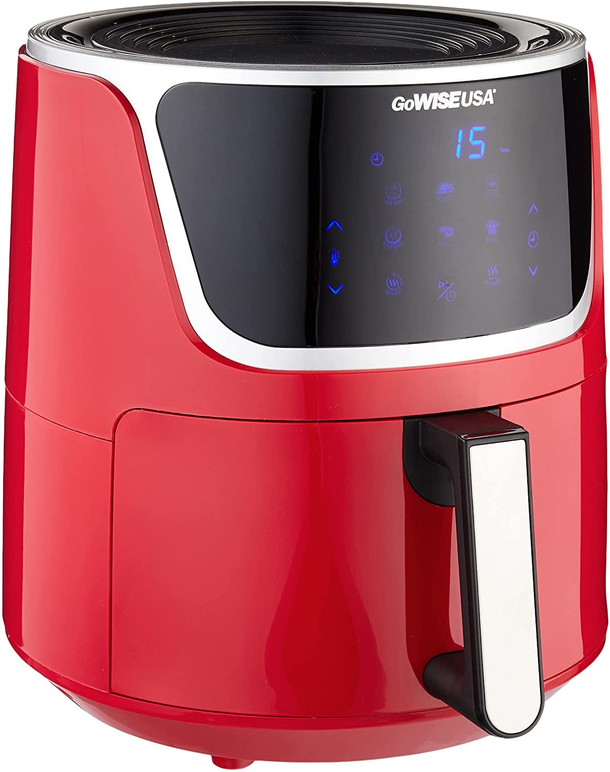 7-Quart Electric Air Fryer with Dehydrator, Digital Touchscreen, 8 Cooking Functions, and Triple Stackable Racks in Red and Silver