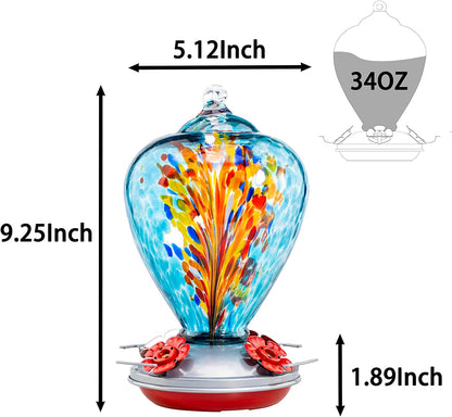 Blown Glass Hummingbird Feeder - 34 OZ Outdoor Art and Garden Décor Gift for Women