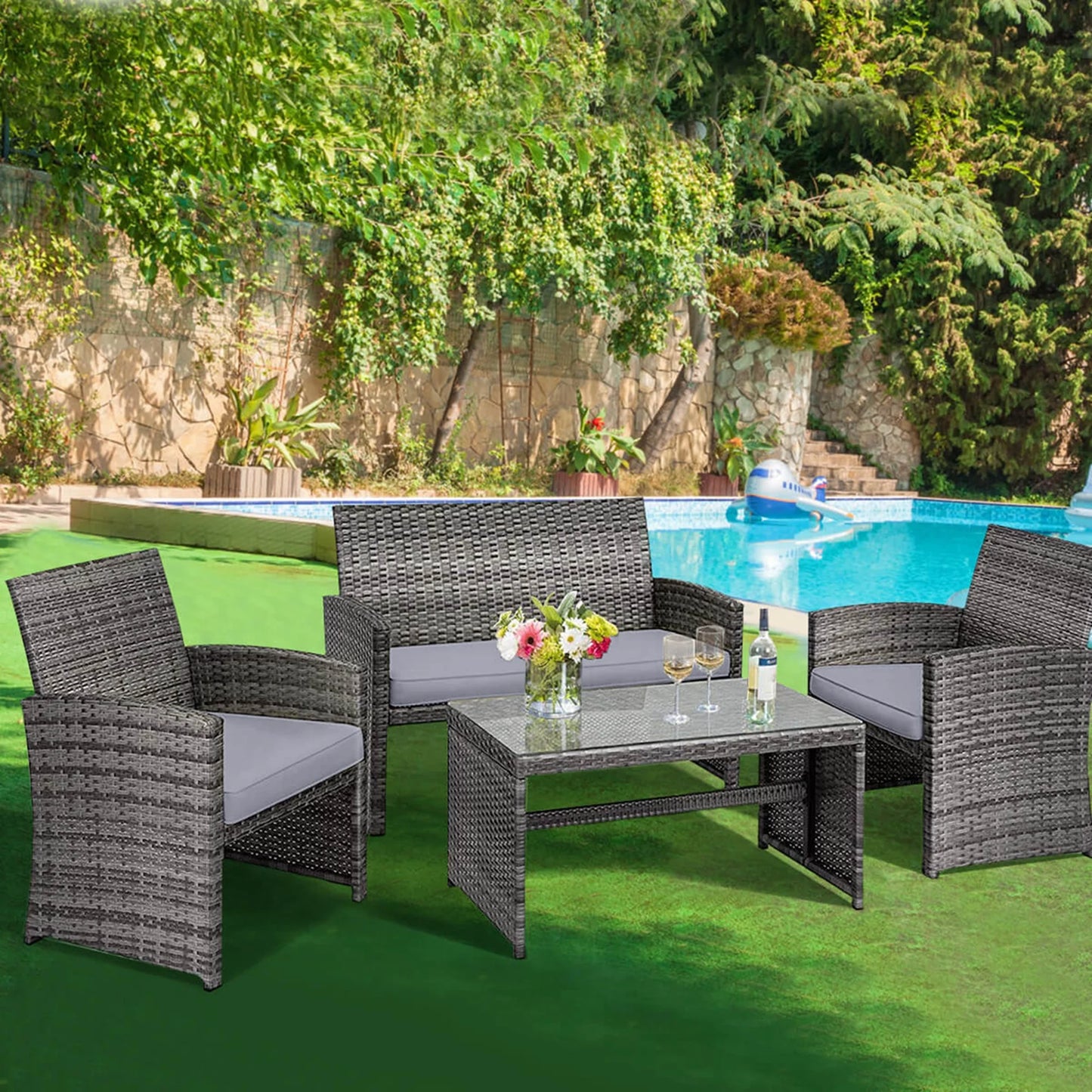 Elegant 4-Piece Navy Rattan Patio Furniture Set with Glass Table - Exceptional Comfort for Outdoor Living