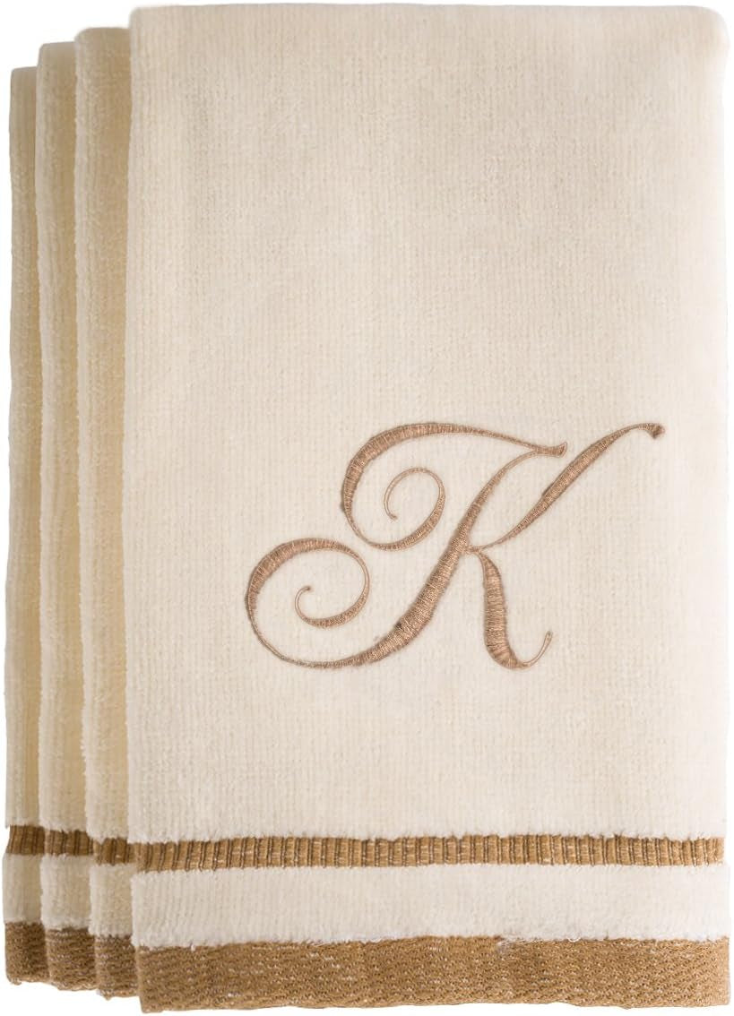 Custom Monogrammed Fingertip Towels Set of 4 - Luxurious Ivory with Golden Brown Embroidery - 100% Cotton, Extra Absorbent - Ideal for Bathroom or Kitchen - Initial H