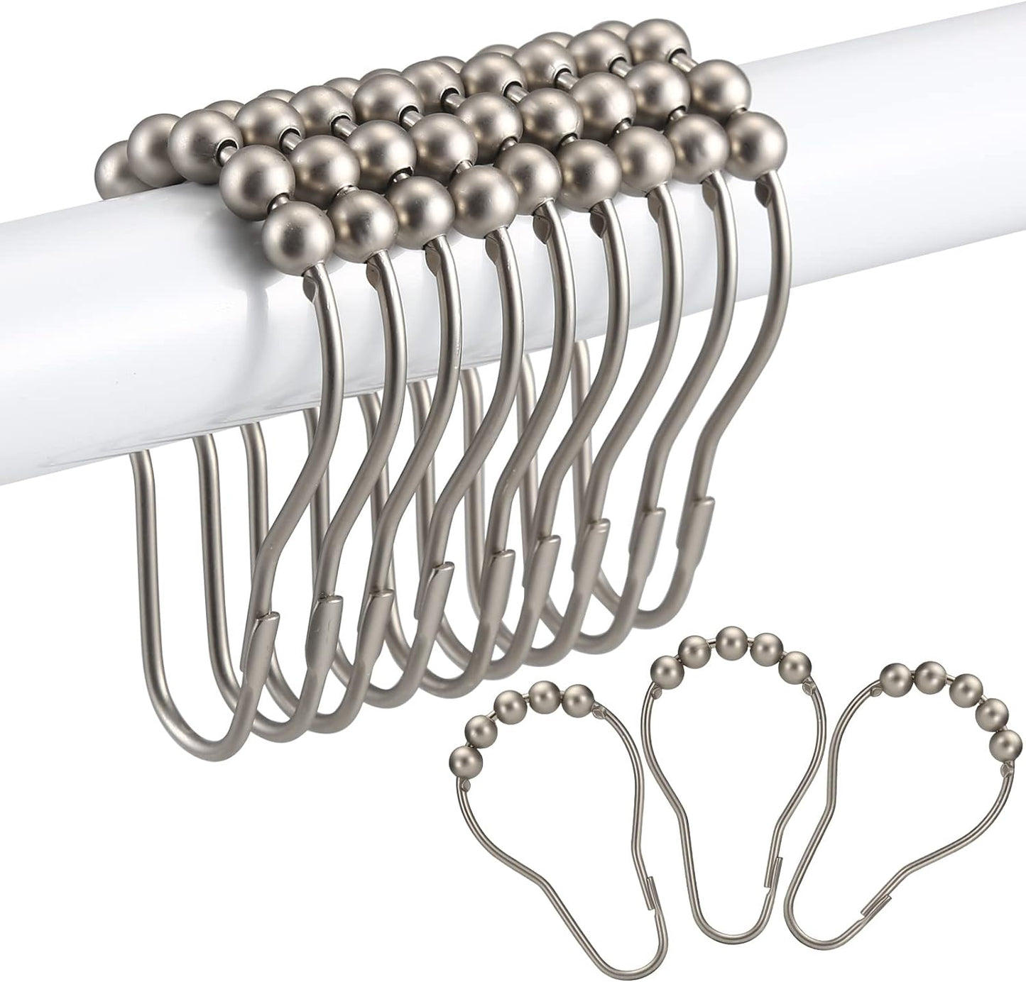 Rust-Resistant Metal Shower Curtain Hooks, Double Glide Design, Set of 12 in Matte Nickel, Ideal for Shower Curtains and Liners