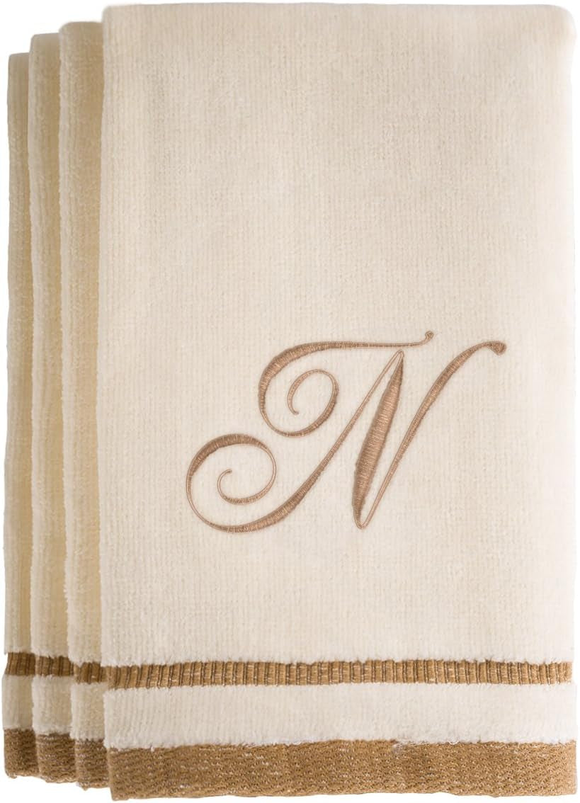 Custom Monogrammed Fingertip Towels Set of 4 - Luxurious Ivory with Golden Brown Embroidery - 100% Cotton, Extra Absorbent - Ideal for Bathroom or Kitchen - Initial H