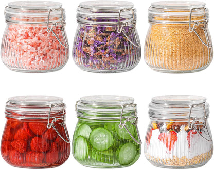 Set of 6 Airtight 17oz Glass Storage Canisters with Lids - Round Food Storage Jars with Clear Preserving Seal and Wire Clip Fastening for Kitchen Storage of Cereal, Pasta, Sugar, Beans, and Spices