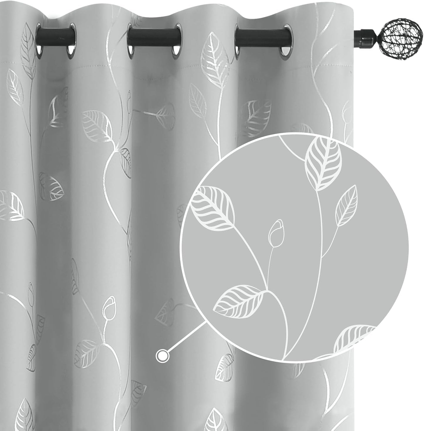 Elegant Light Grey Blackout Curtains with Silver Tree Branch Design, 63-Inch Length, Set of 2 Panels, Windproof, 38W x 63L