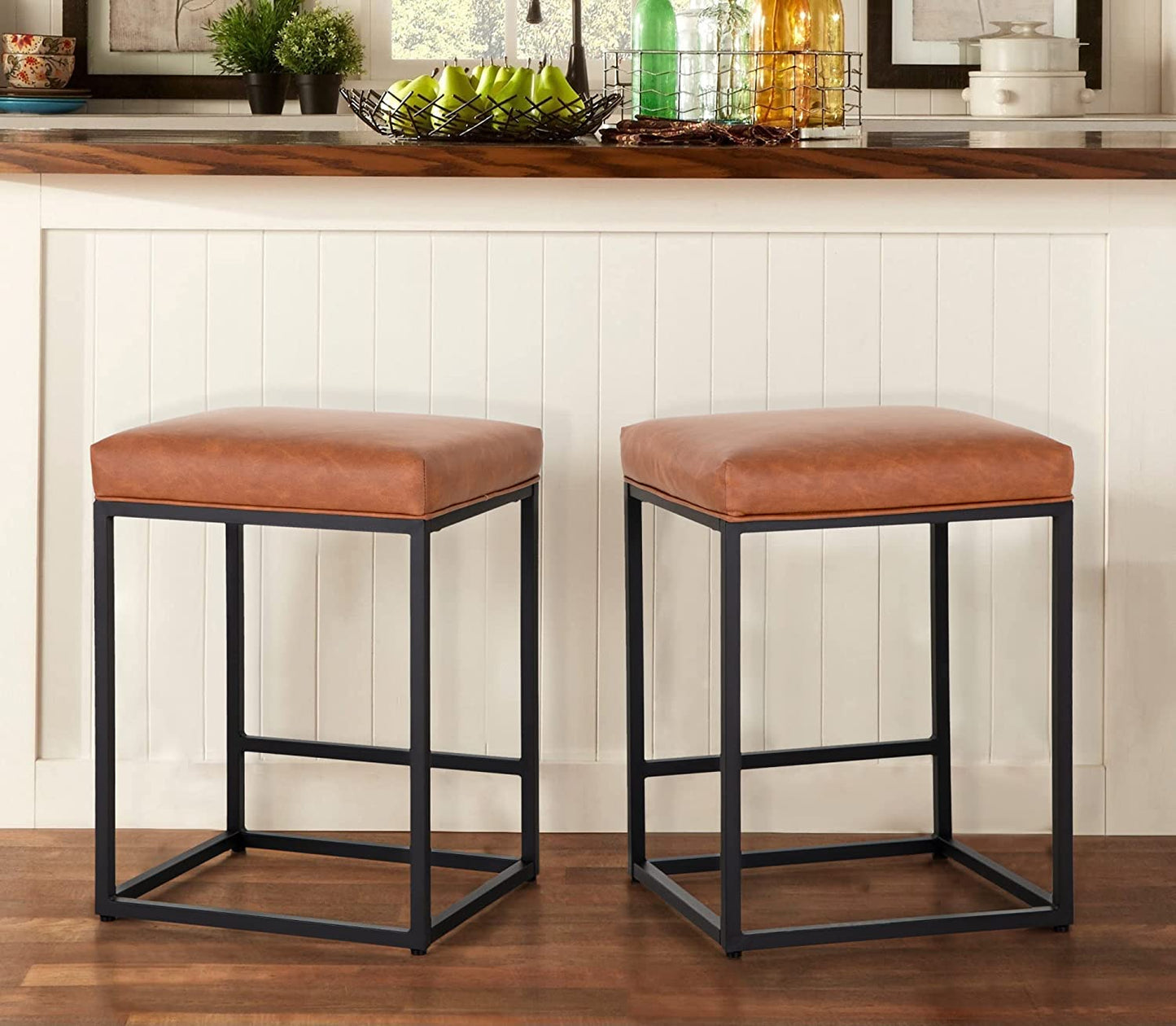 Set of 2 Contemporary 24" Backless Bar Stools in Brown Faux Leather - Ideal for Modern Kitchen Islands