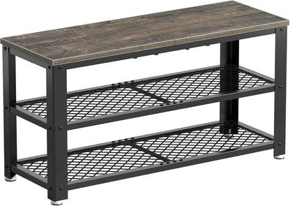 Elegant 3-Tier Rustic Shoe Bench with Mesh Shelves and Wooden Seat - Versatile Entryway Storage for Hallway, Living Room, and Mudroom - Durable Steel Frame in Rustic Brown