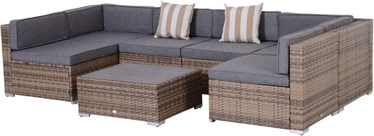 7-Piece Gray PE Rattan Outdoor Wicker Conversation Set with Cushions and Faux Wood Table