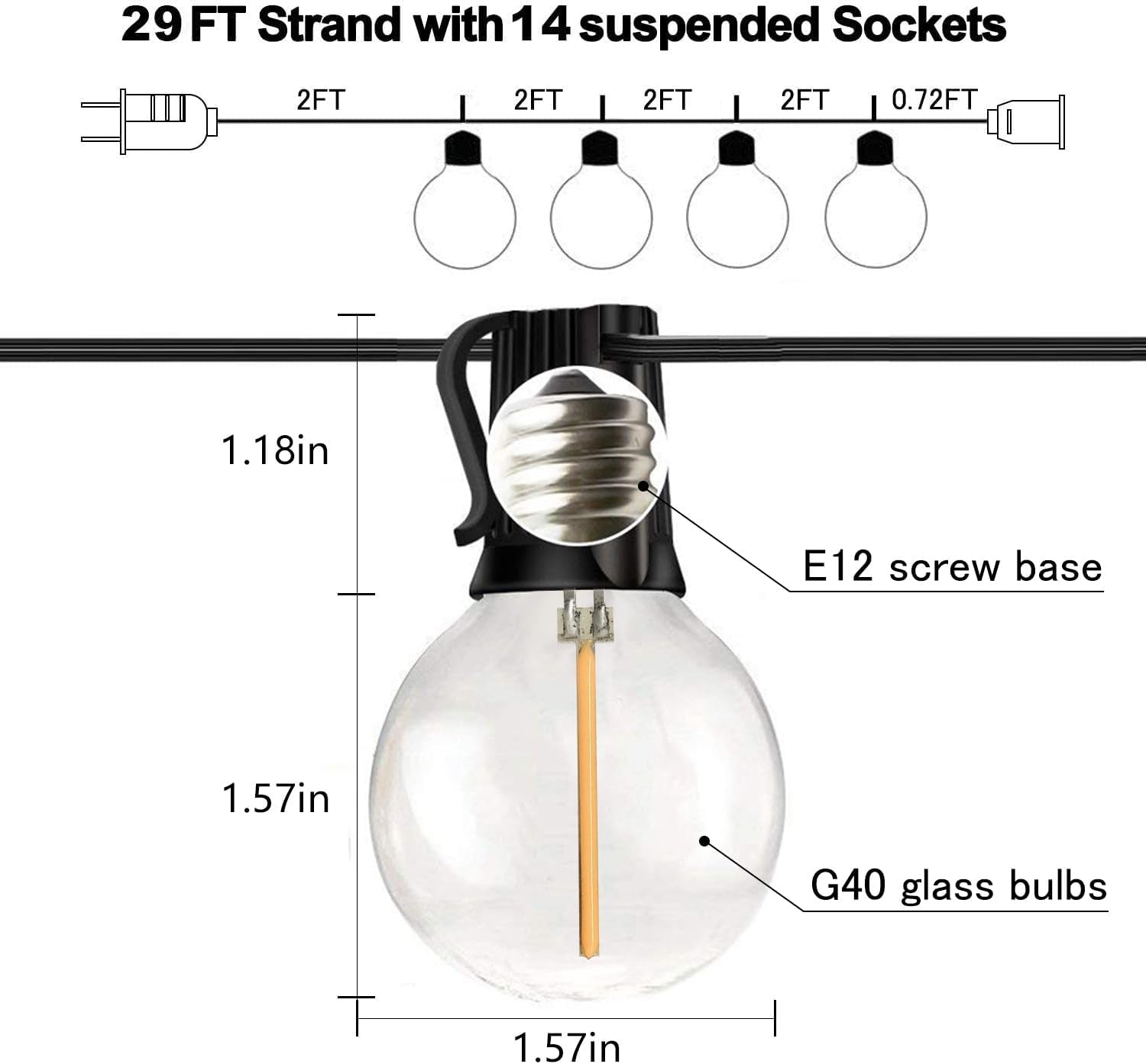 29FT Waterproof Outdoor Globe String Lights with 15 Dimmable Shatterproof Bulbs for Patio, Porch, and Cafe Use, E12 Socket Base