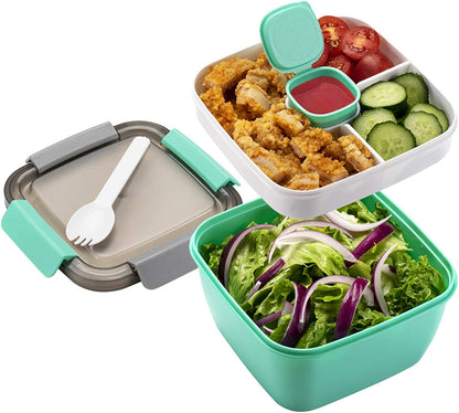 52-Oz Salad Lunch Container with Three Compartments and Dressing Container for On-the-Go Meals, Ideal for Men and Women (Blue)