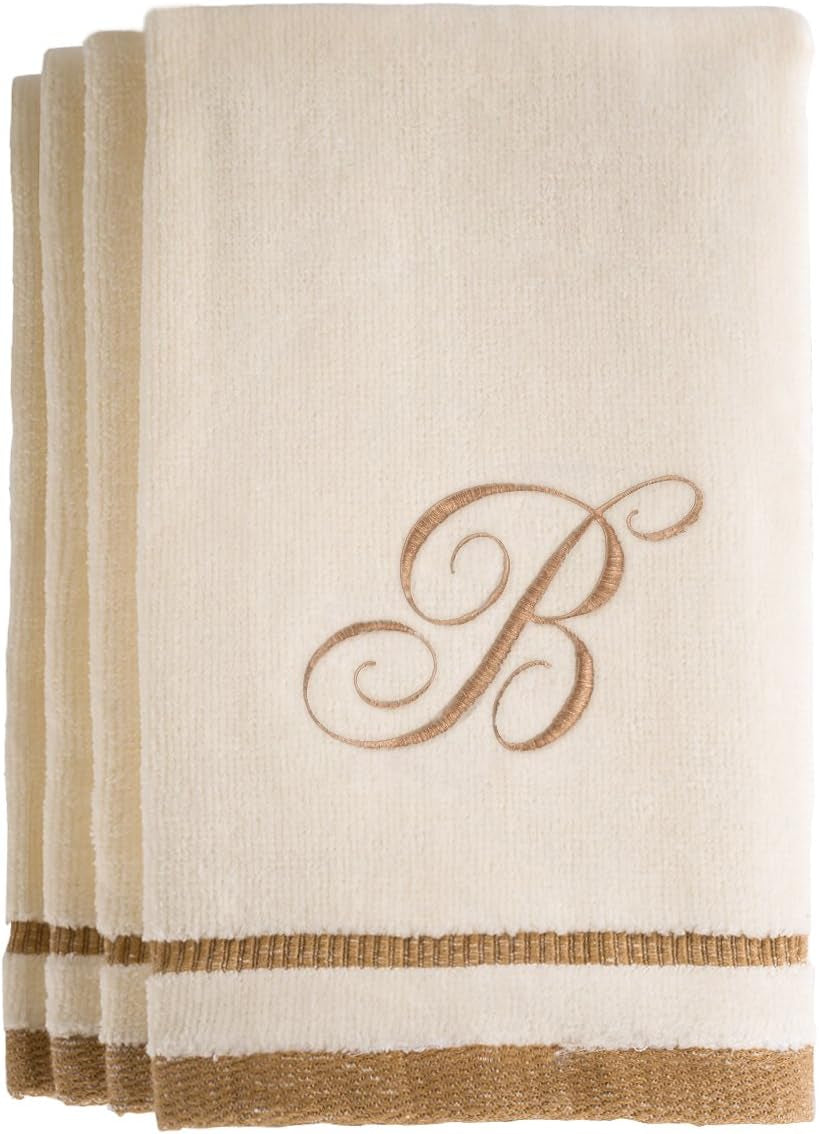 Custom Monogrammed Fingertip Towels Set of 4 - Luxurious Ivory with Golden Brown Embroidery - 100% Cotton, Extra Absorbent - Ideal for Bathroom or Kitchen - Initial H