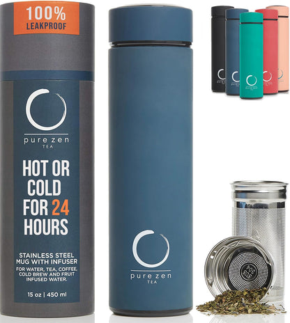 Pure Zen Stainless Steel Tea Thermos with Infuser for Tea, Coffee, and Fruit-Infused Water - Leakproof Travel Mug - 15oz - Black