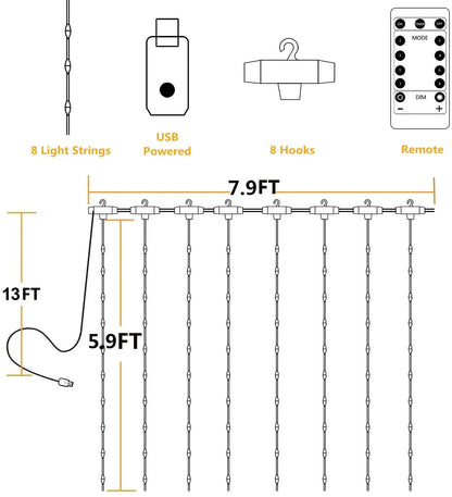 7.9Ft x 5.9Ft Fairy Lights Curtain with 144 LED - USB Powered Waterproof String Lights with Remote Control, 8 Modes for Indoor/Outdoor Window and Wall Decor (White)