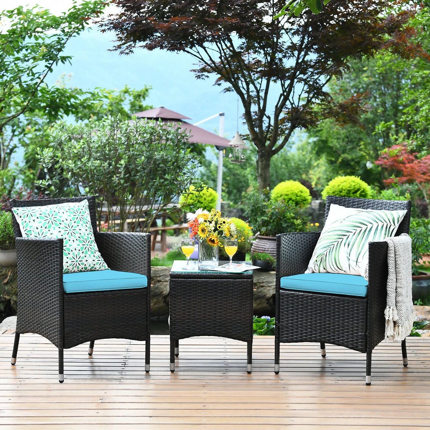 Elegant 3-Piece Navy Rattan Wicker Outdoor Furniture Set with Chairs and Coffee Table for Garden Use