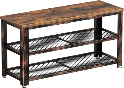 Elegant 3-Tier Rustic Shoe Bench with Mesh Shelves and Wooden Seat - Versatile Entryway Storage for Hallway, Living Room, and Mudroom - Durable Steel Frame in Rustic Brown