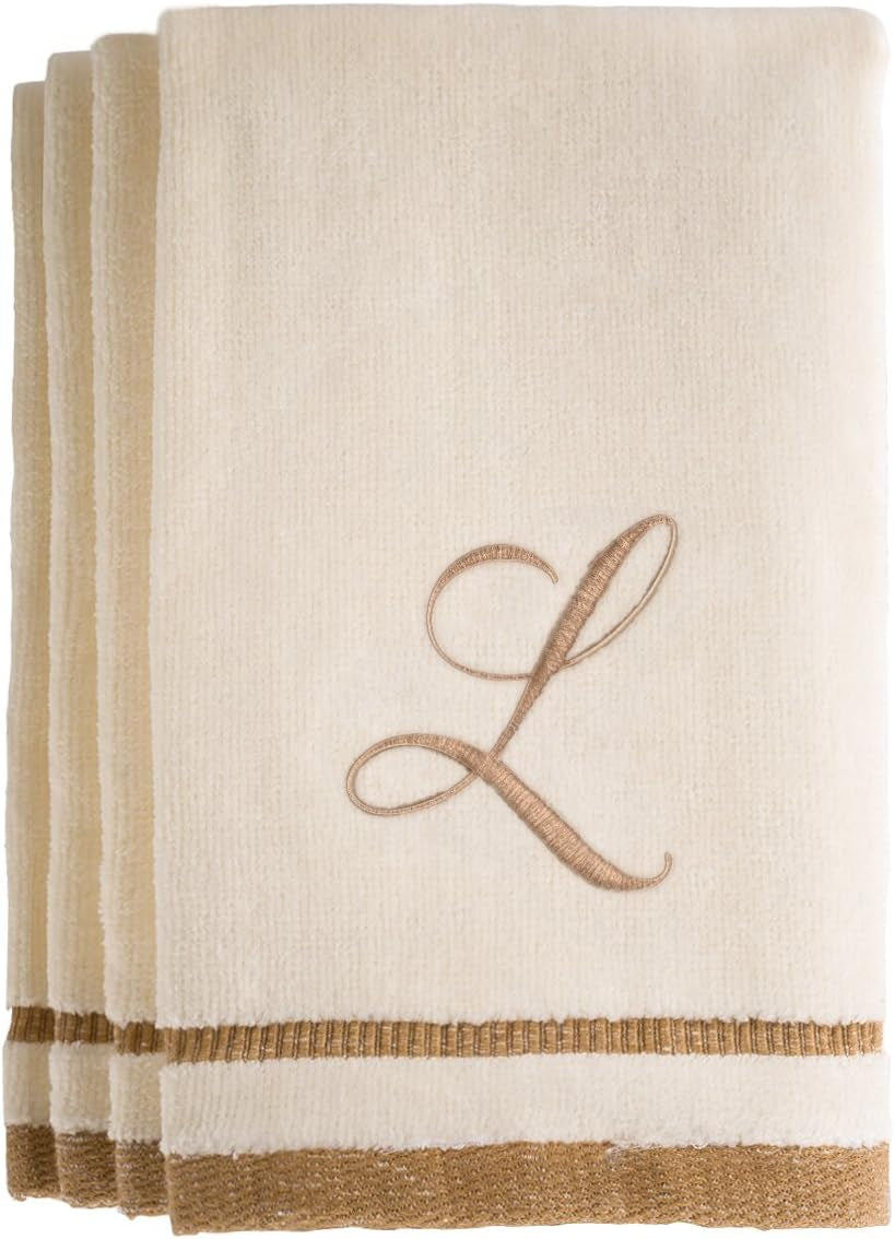 Custom Monogrammed Fingertip Towels Set of 4 - Luxurious Ivory with Golden Brown Embroidery - 100% Cotton, Extra Absorbent - Ideal for Bathroom or Kitchen - Initial H