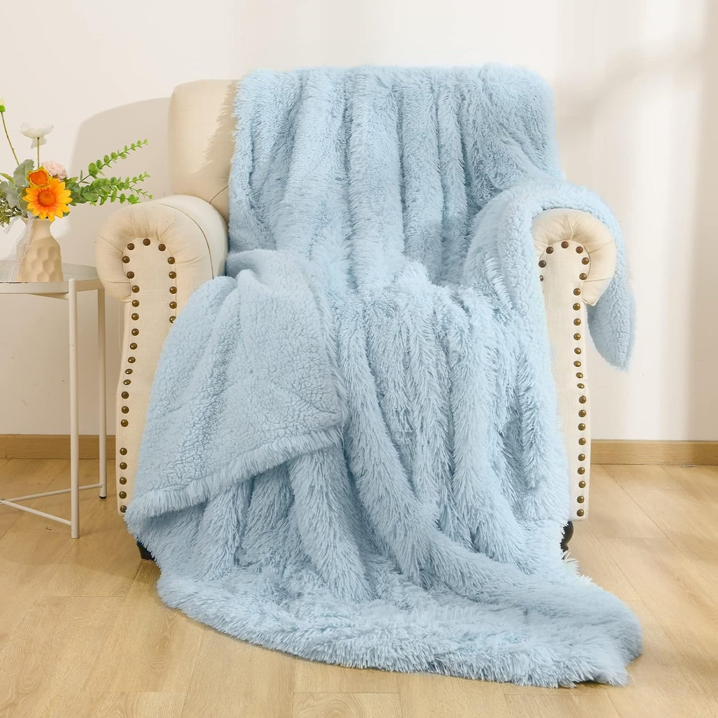 Light Blue Super Soft Shaggy Fuzzy Sherpa Throw Blanket, Cozy Lightweight Fluffy Faux Fur, 50" x 60", Washable Home Decor for Bed, Couch, and Sofa